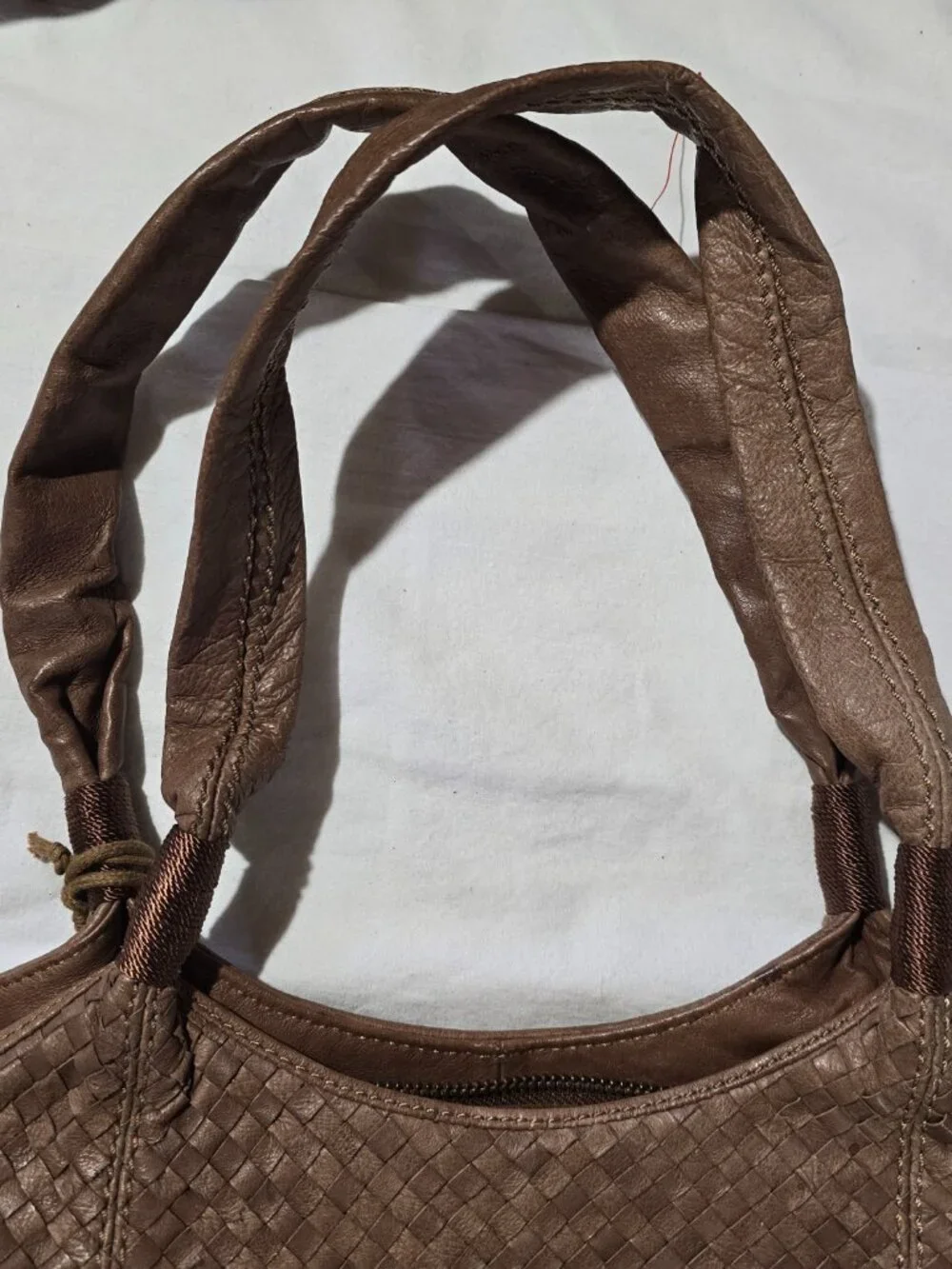The Sak Brown Woven Leather Tote Shoulder Bag Tiger Eye Bead Charm